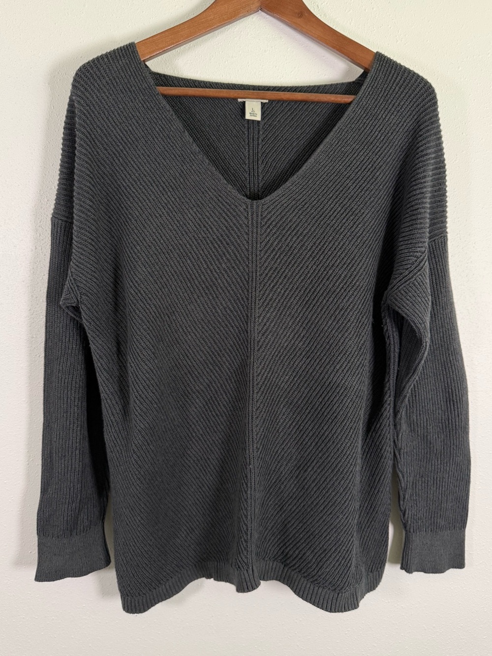 L.L.Bean Charcoal Gray V Neck Ribbed Cotton Sweater Size M Relaxed Fit